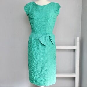 Vintage 50s Women's Green Shutter Bow Cocktail Sheath Midi Dress USA Size Small